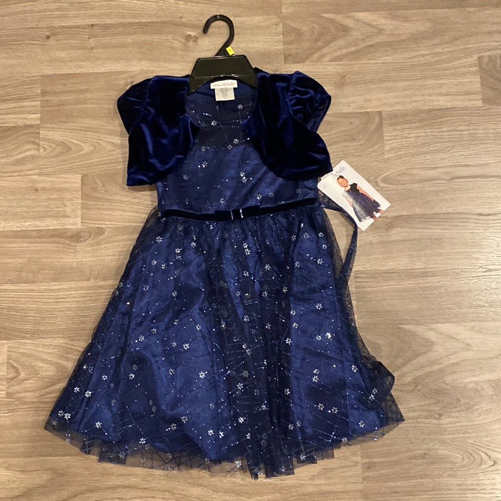 New Jona Michelle 2 piece Navy tulle dress with velvet shrug jacket sz 5